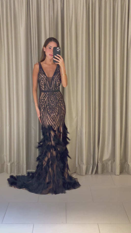 CRISTALES NUDE NEGRO CON PLUMAS